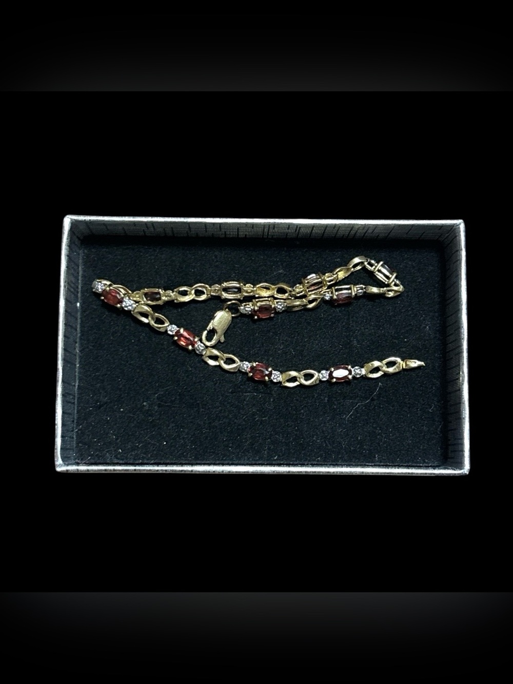 10k Gold Red Garnet Link Bracelet with Tiny Diamond Accents - Picture 2 of 6